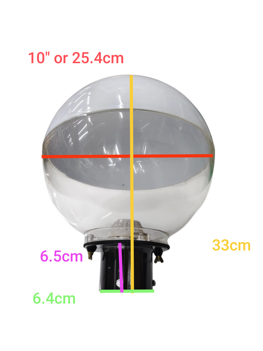 Amco 10 inch acrylic post light globe with clear spherical design and black mounting base