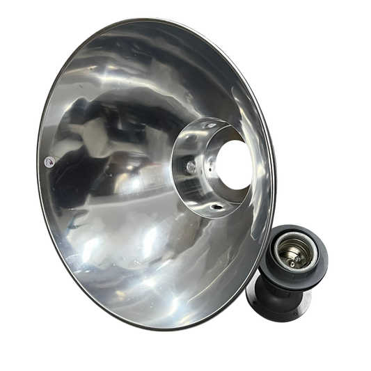 Biglite & Omni 14 inch aluminum reflector for lightning protection with a reflective metal surface and bulb socket