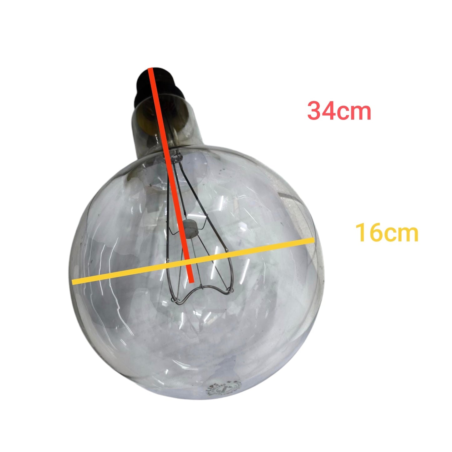 Philips 1500W E40 incandescent display bulb with a clear glass design measuring 34cm in height and 16cm in diameter