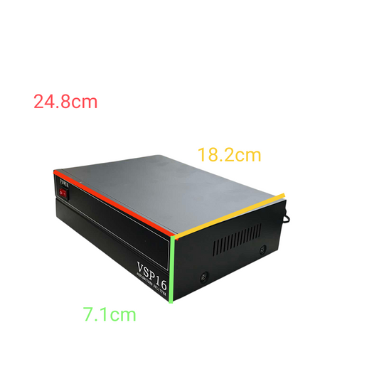 Grippes 16 port RCA audio video splitter black rectangular unit with power switch and ventilation