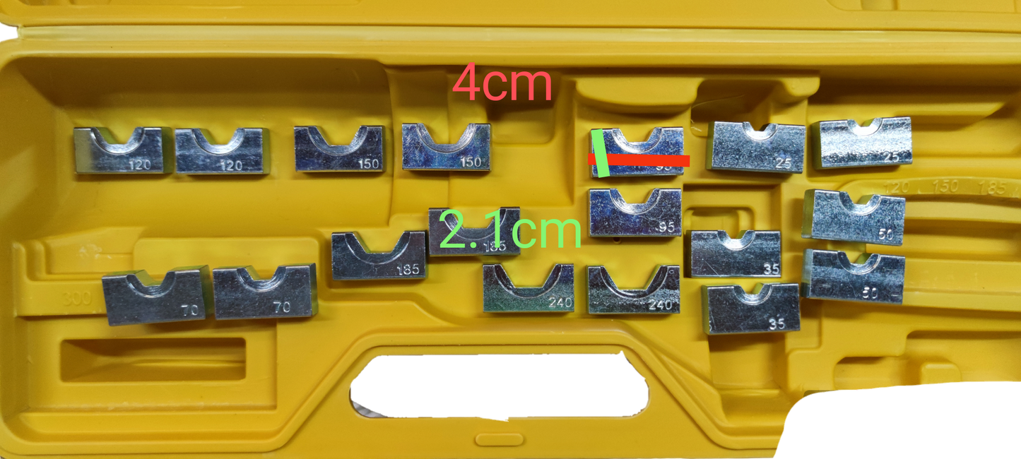 Grippes 16mm to 240mm cable crimping pliers with various crimping dies in a case for versatile applications