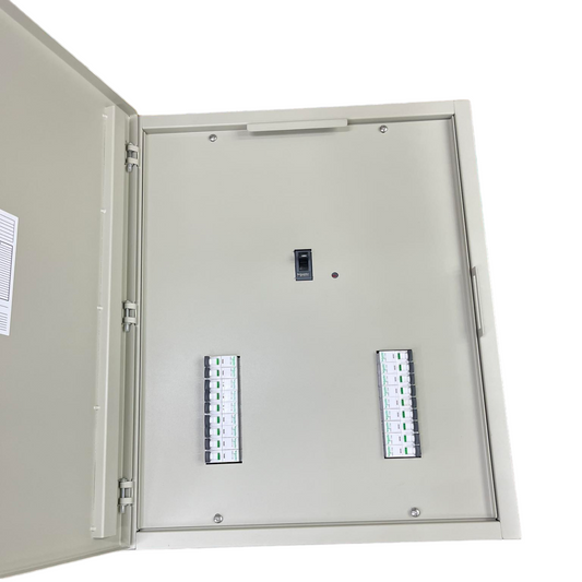 Schneider 18 Branches panel board main EZC250H 225A with an opened door showing organized circuitry connections