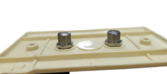 2 gang F jack outlet old design electrical circuitry part from Taiwan on a beige mounting plate