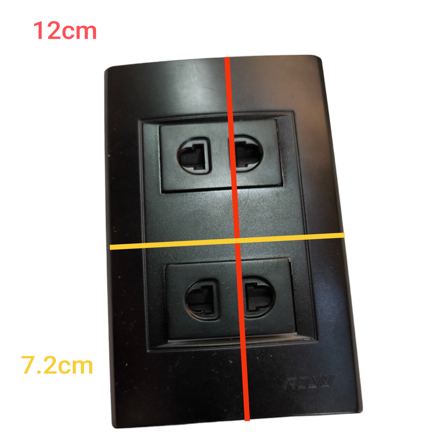 Royu 2 Gang Universal Outlet 10A 250V black power point with dimensions 12cm by 7.2cm