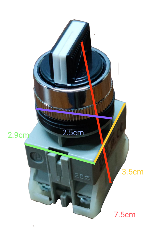 Auspicious 2 position selector switch with spring return showing detailed measurements on a black background