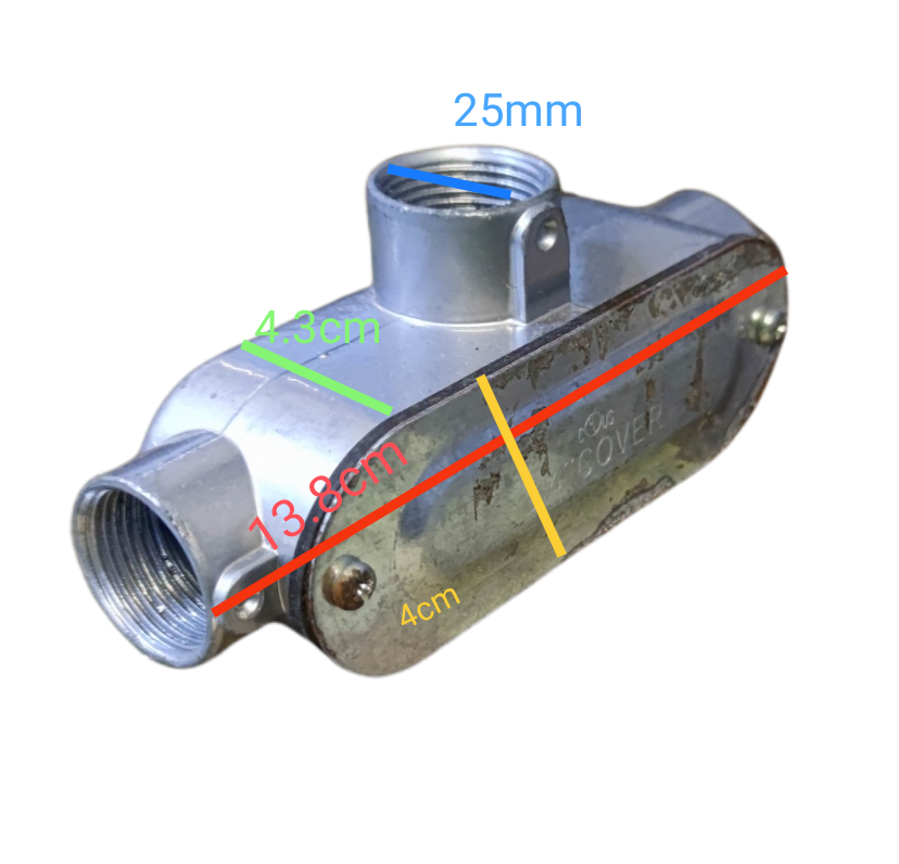 20mm Metal Tee Conduit electrical part with measurements shown, made of metal, suitable for wiring systems