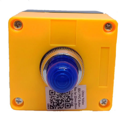 Auspicious 220V blue pilot lamp with enclosure featuring a yellow square casing and blue button