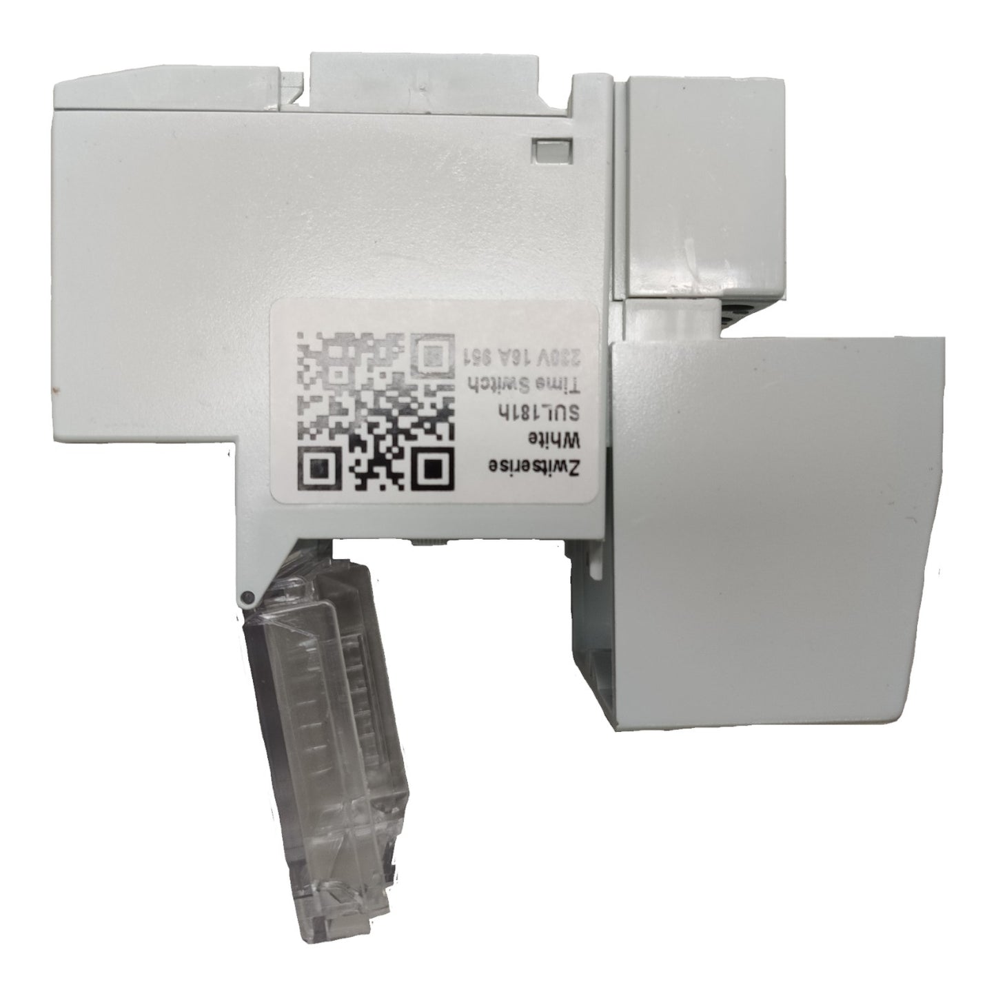 Metallic device with a QR code label on a white background