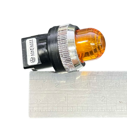 Auspicious 25mm neon pilot lamp 220V yellow with a chrome bezel and clear lens for visibility
