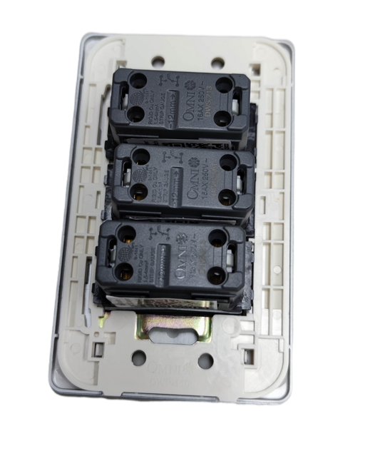 Omni 3 Gang 1 Way Switch with Plate showing black switch modules on white base for electrical control