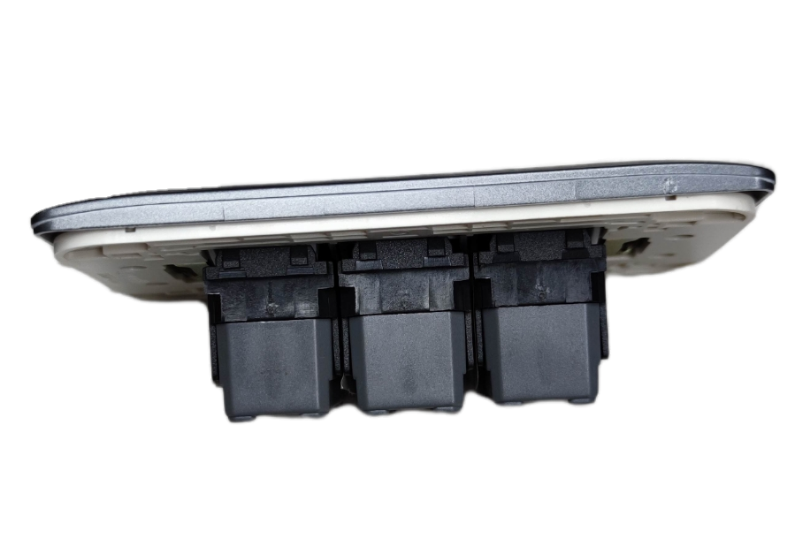 Omni 3 Gang 1 Way Switch with Plate showing back view with three black switch modules and white plate