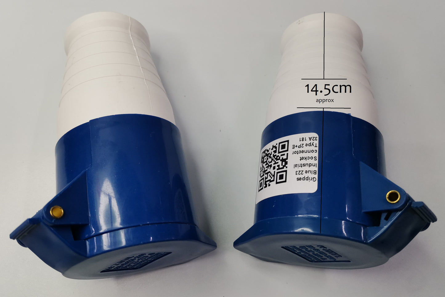 Grippes 32A industrial cord connector outlet in blue and white with protective cover and QR code label