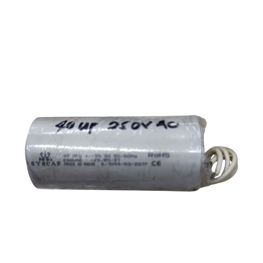 Syscap 40uF 250V Running Capacitor electrical component with white cylindrical body and wires