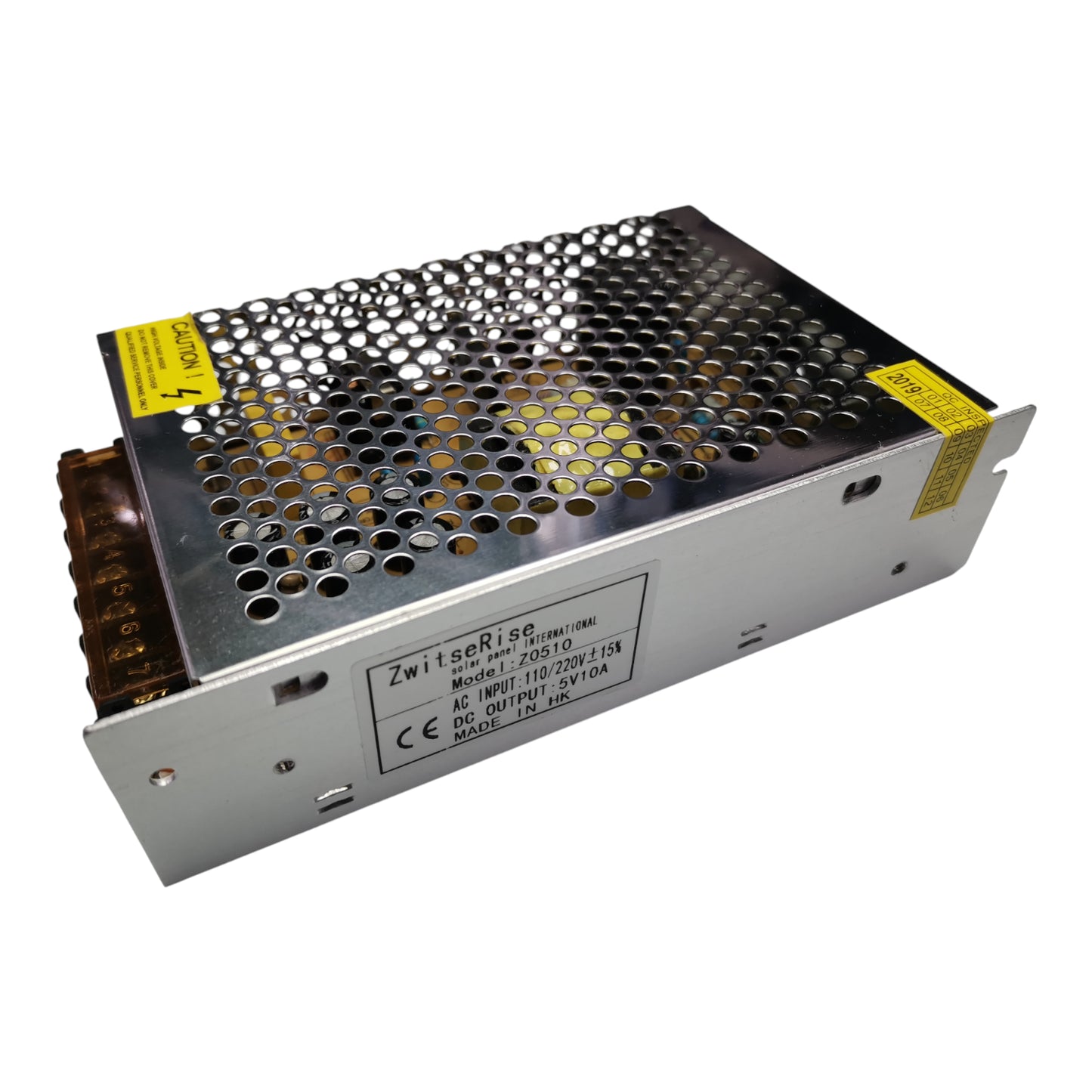 ZwitseRise 5V 10A regulated power supply unit with metal casing and ventilation holes for efficient heat dissipation