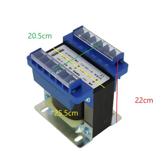 Wixim 6000VA Control Transformer with blue casing and metal mounting base showing dimensions