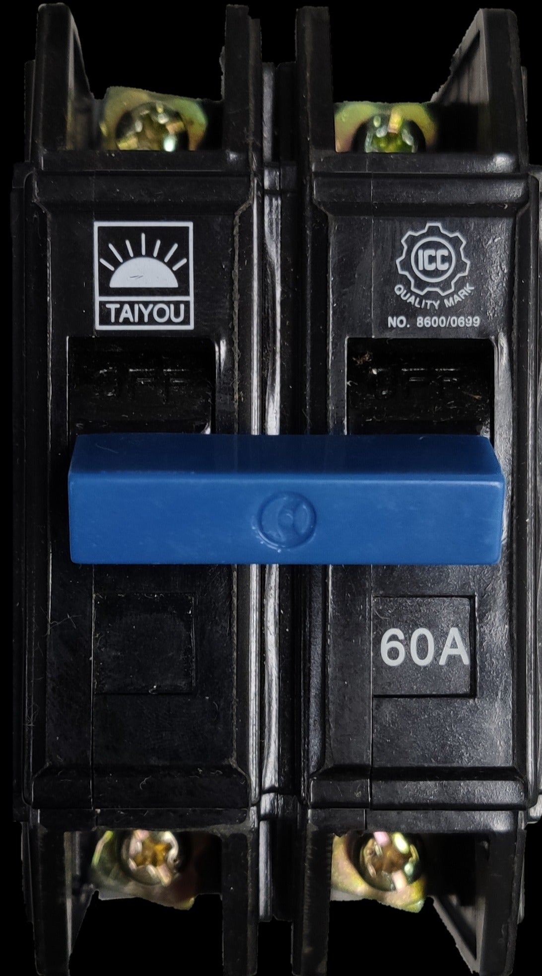 Taiyou 60A 2 pole circuit breaker bolt on with blue handle and black casing for electrical safety