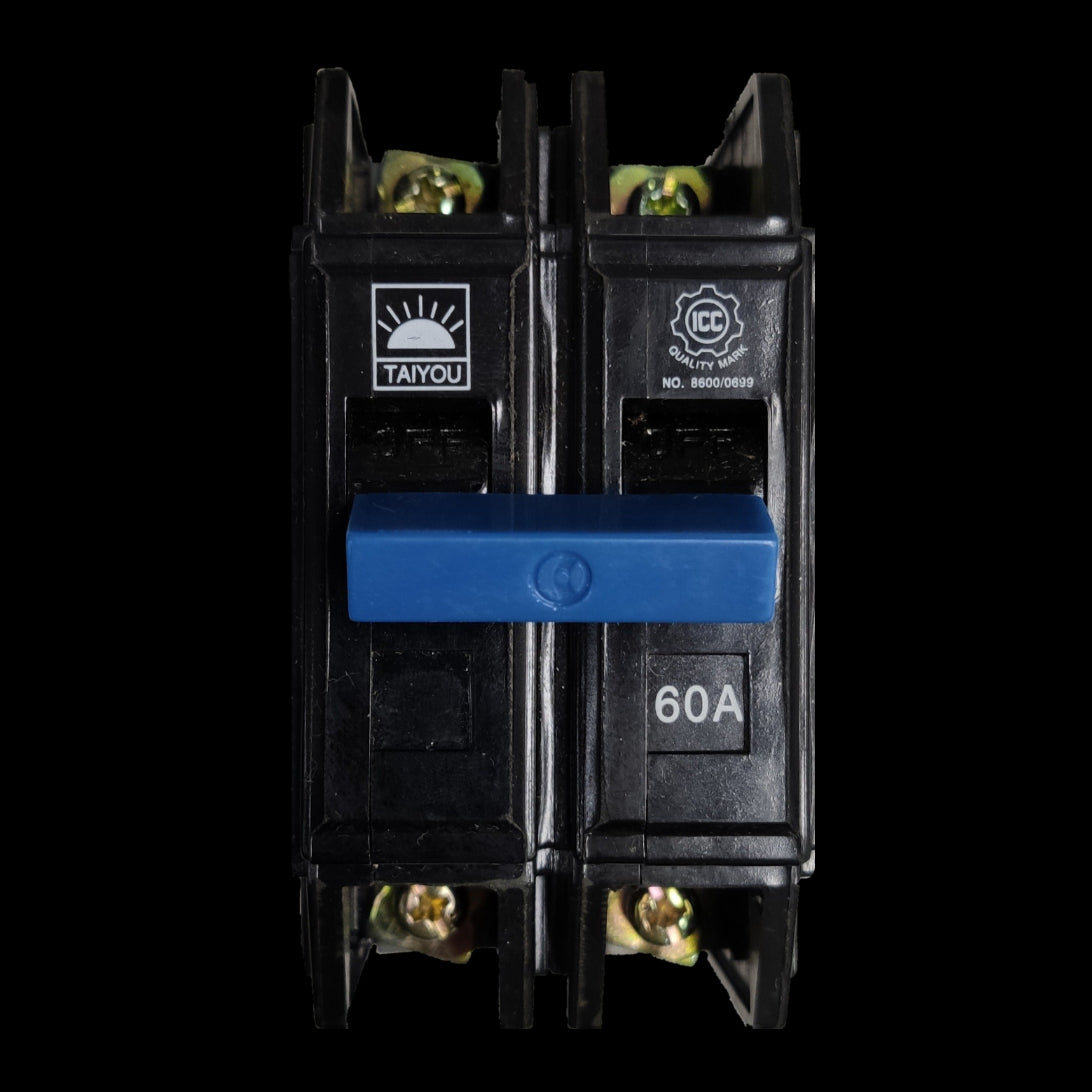 Taiyou 60A 2 pole circuit breaker bolt on with blue handle and black casing for electrical safety