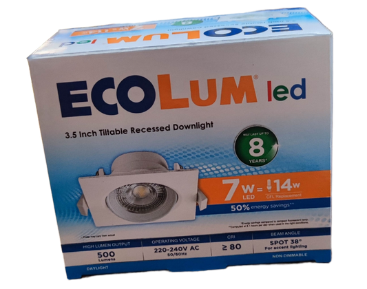 Ecolum 7W LED Tiltable Recessed Downlight Daylight 6500K 220V 3.5 Inches Tiltable Recessed