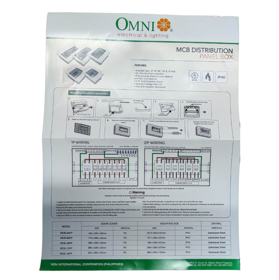 Omni 12 Ways Distribution Panel Box MDP-12PP Recessed Type Distribution Panel for Miniature Circuit Breaker