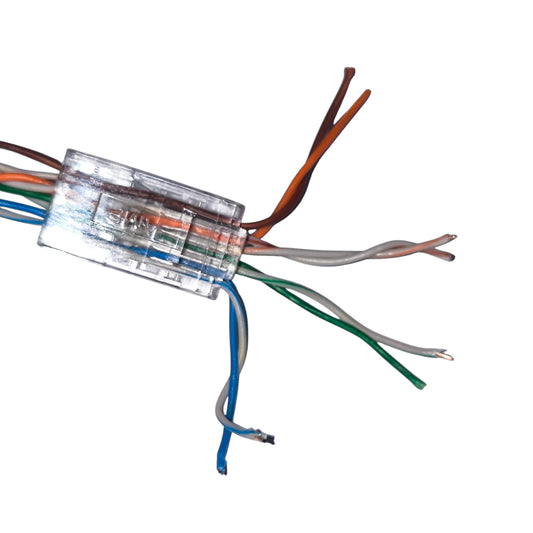 Close-up of a network cable connector with multicolored wires on a white background AMP CAT6 RJ45 Connector Pass Through Type ( 5PCS) Per Order Electx Electrical Supply
