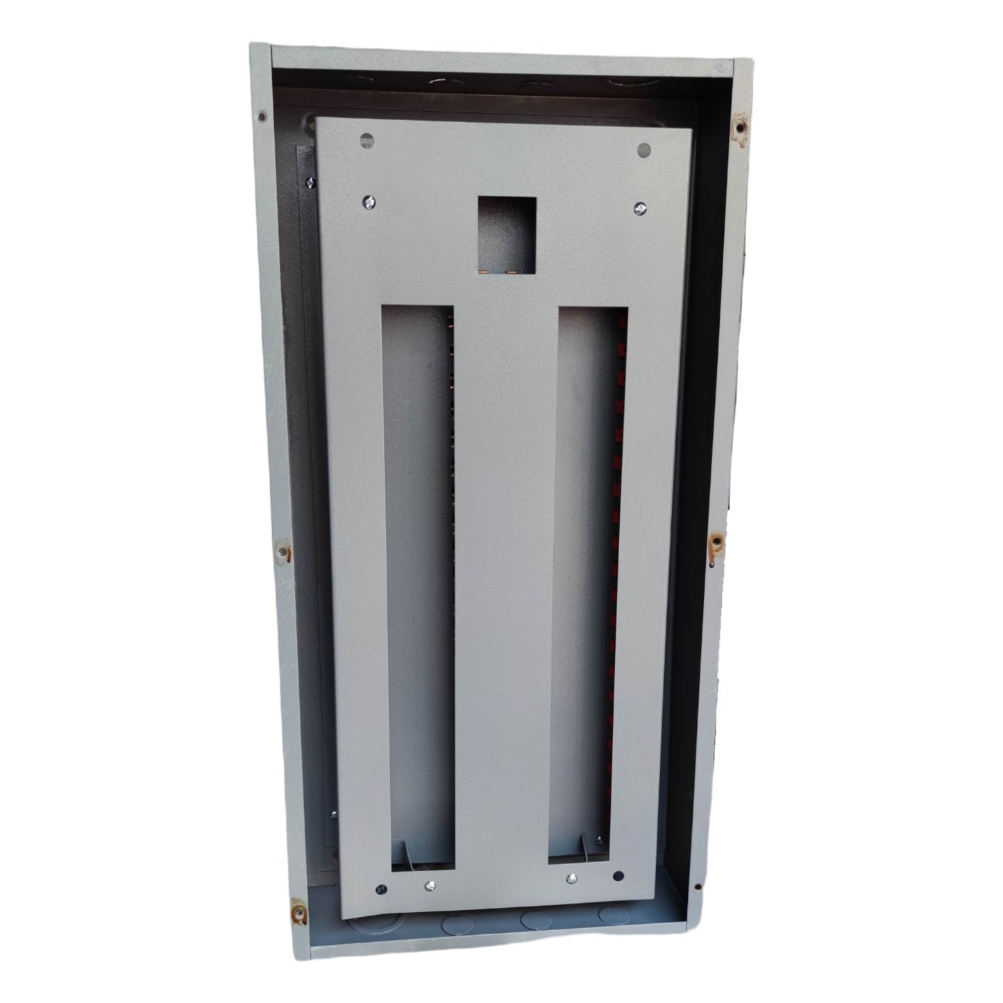 Metallic rectangular panel with cutouts on a white background America 20 Branches Panel Board Center Main for 2 Pole Bolt On Circuit Breaker Surface Mounted or Flush Mounted Type Electx Electrical Supply