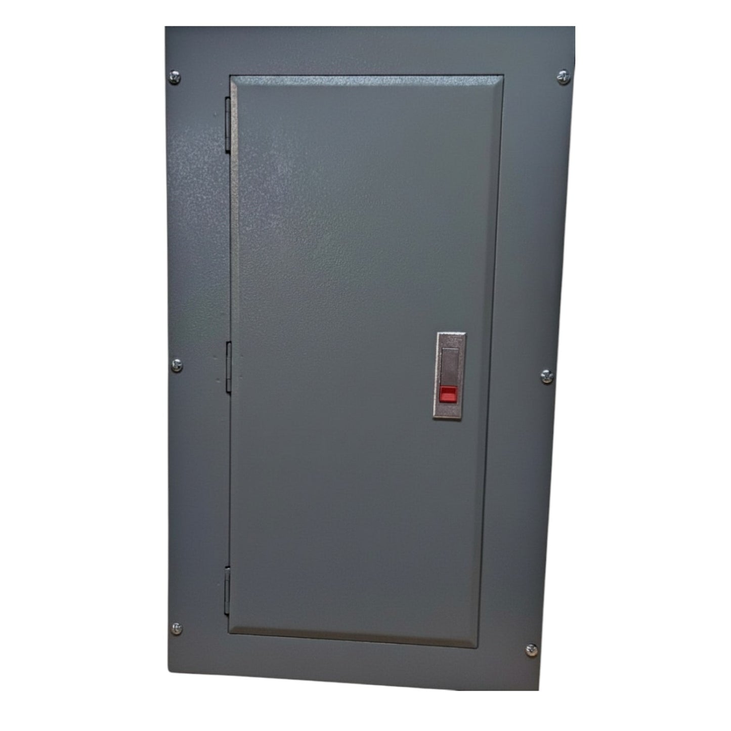 Gray metal control panel with a red indicator light on a white background America Panel Board 16 Branches Center Main for 2 Pole Bolt On Circuit Breaker Surface or Flush Mounted Type Electx Electrical SUpply