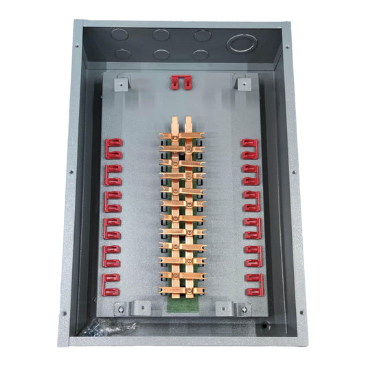 Electrical panel with copper connectors and red switches on a white America Panel Board Center 12 Branches Main for 2 Pole Bolt On Circuit Breakers Surface type or Flush Type Mounting Electx Electrical Supplybackground