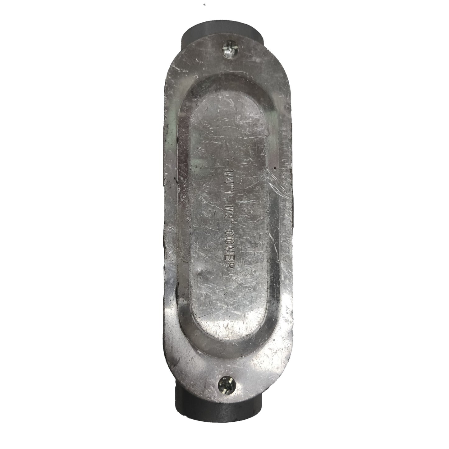 Metallic object with a cylindrical top and bottom on a white background