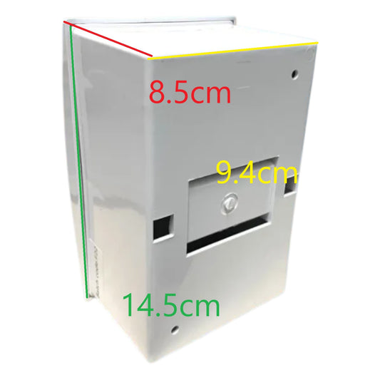 Rectangular metal box with dimensions labeled on a white background