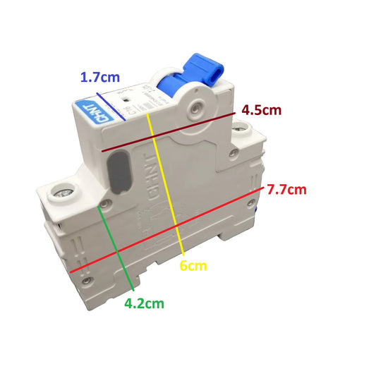 Electrical circuit breaker with measurements labeled on a white background
