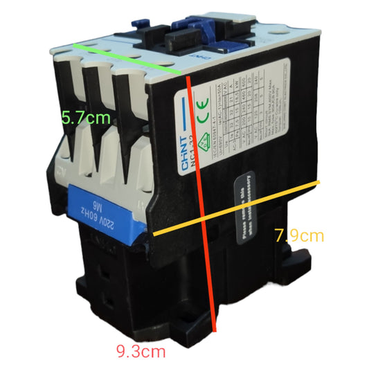 Electrical contactor with dimensions marked on a white background