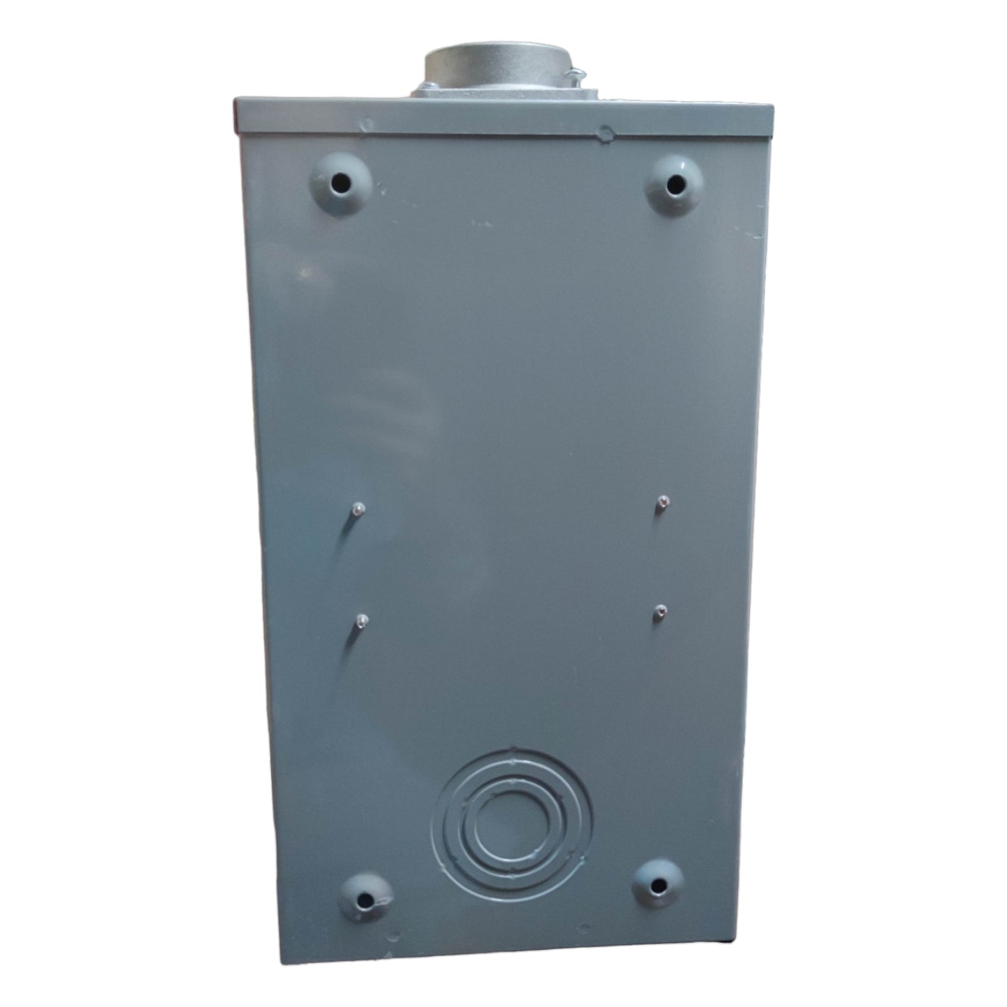 Metallic rectangular box with circular ports on a white background