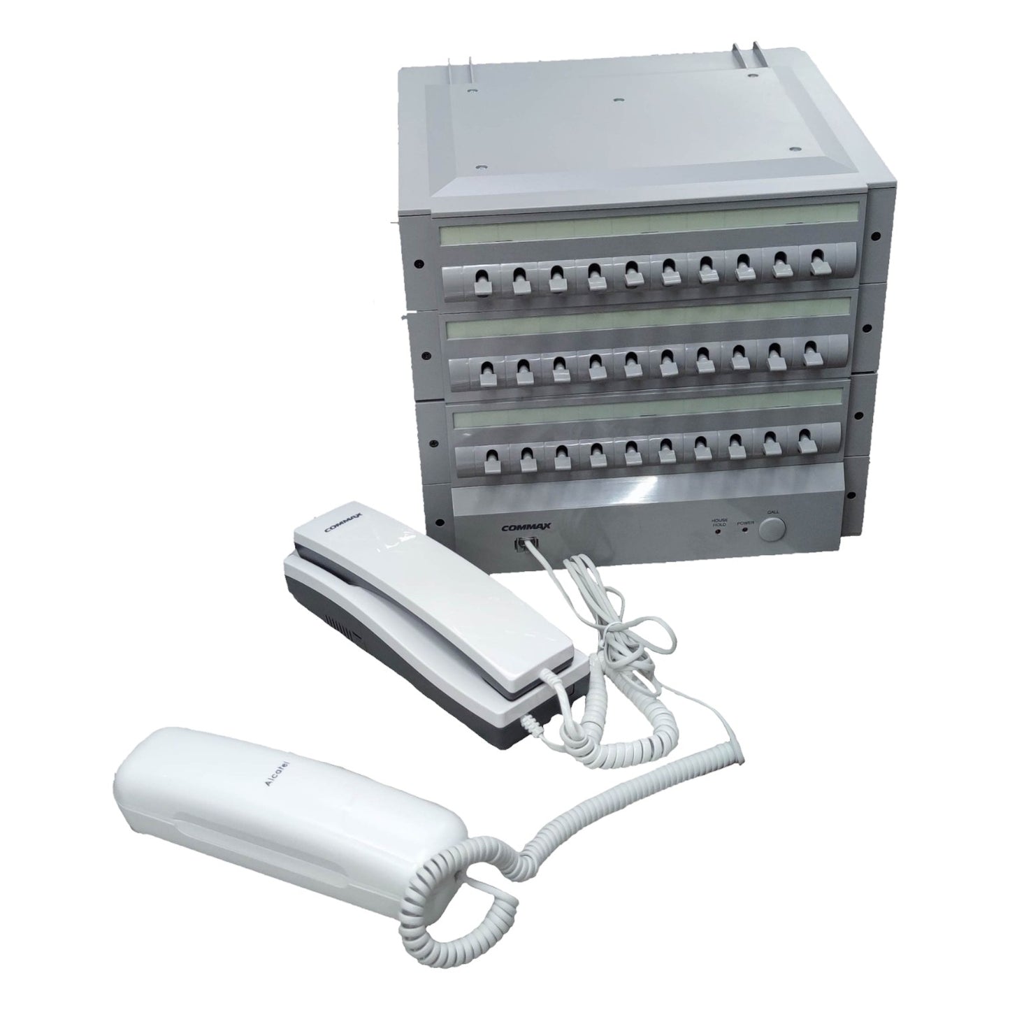 Phone system with multiple phone stations on a white background Commax 30 Station Intercom System CLS-10 Expandable With Handset T06 with Expand Unit CLS-10T(L) with Expand Unit CLS-10T(R) and 30pcs Sub-Station , 1pc CLS-10 + 1pc CLS-10T(L) + 1pc CLS-10T(R) + 30pcs TP-S + 1pc T06