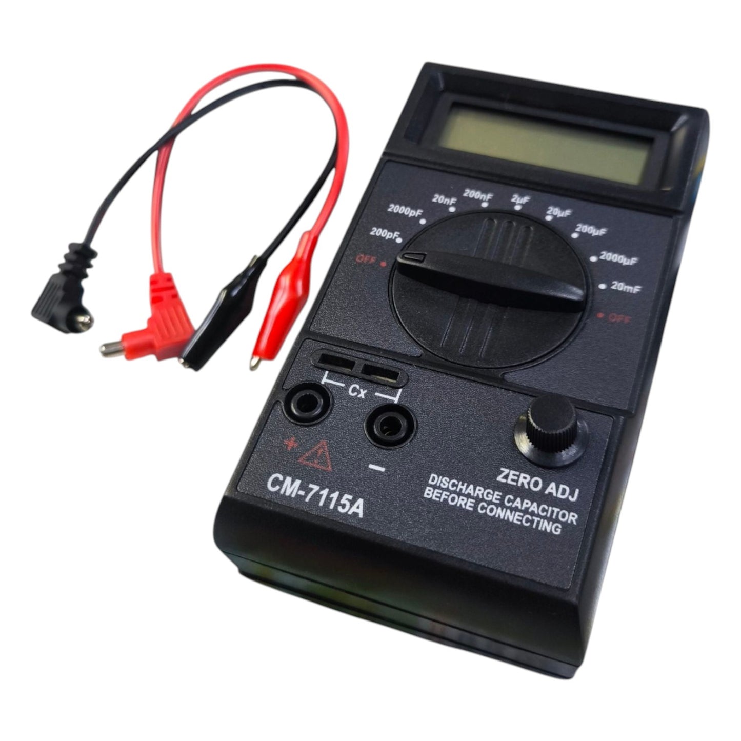 Digital multimeter with test leads on a white background