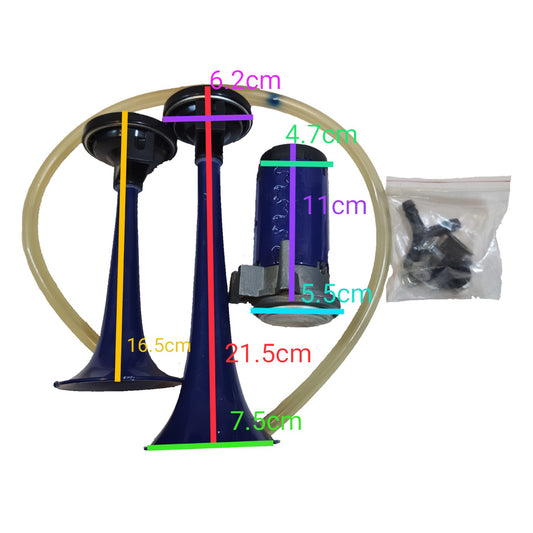 Measurement chart of a car horn with dimensions labeled on a white Euro Air Horn 12V For Trucks and Vehicles Horn Set Electx Electrical Supplybackground