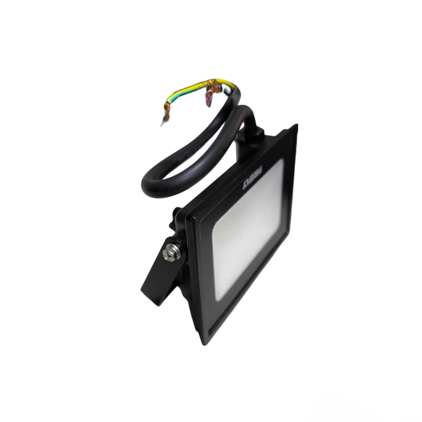 Black flood light with wiring on a white background