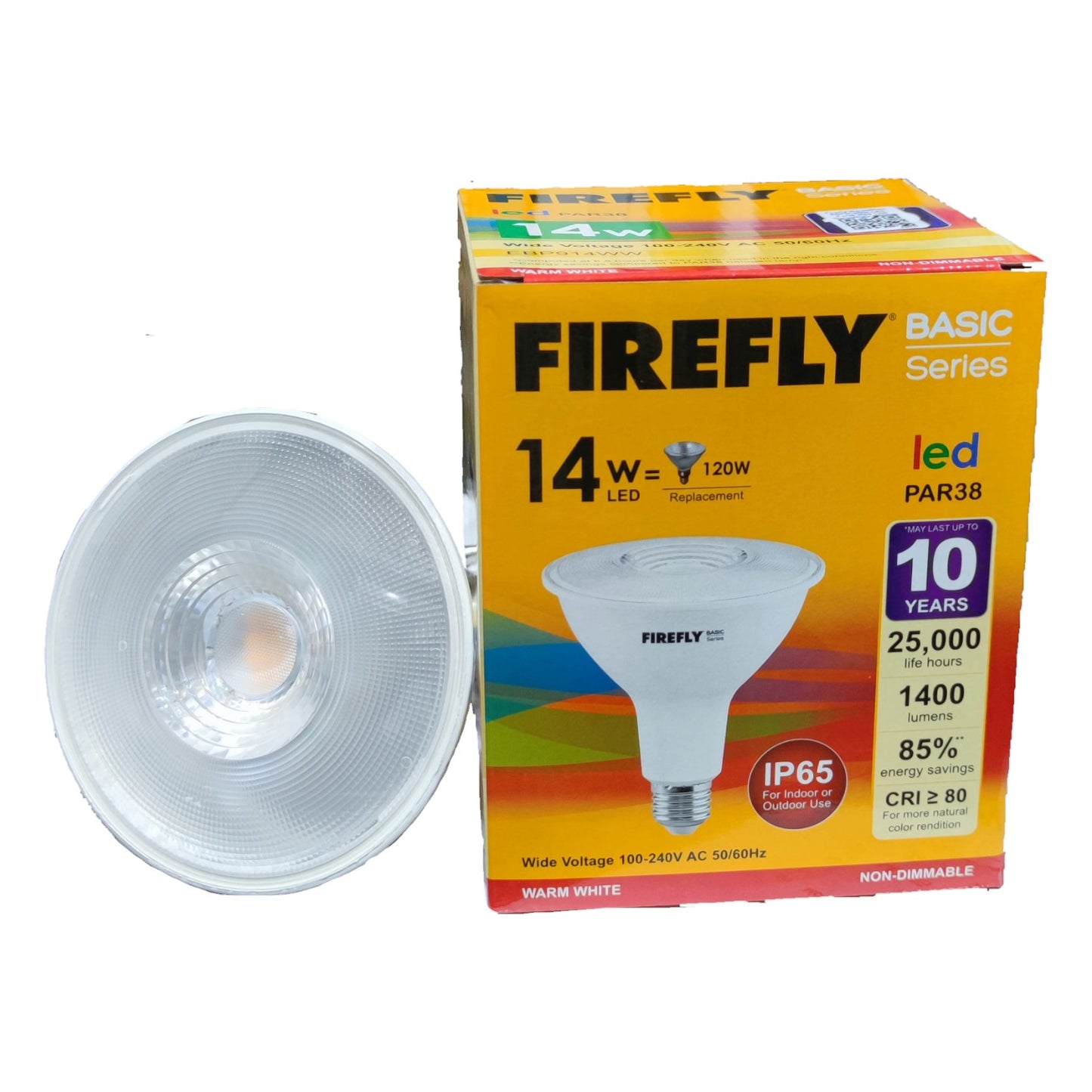 Firefly LED PAR38 bulb and packaging on a white background