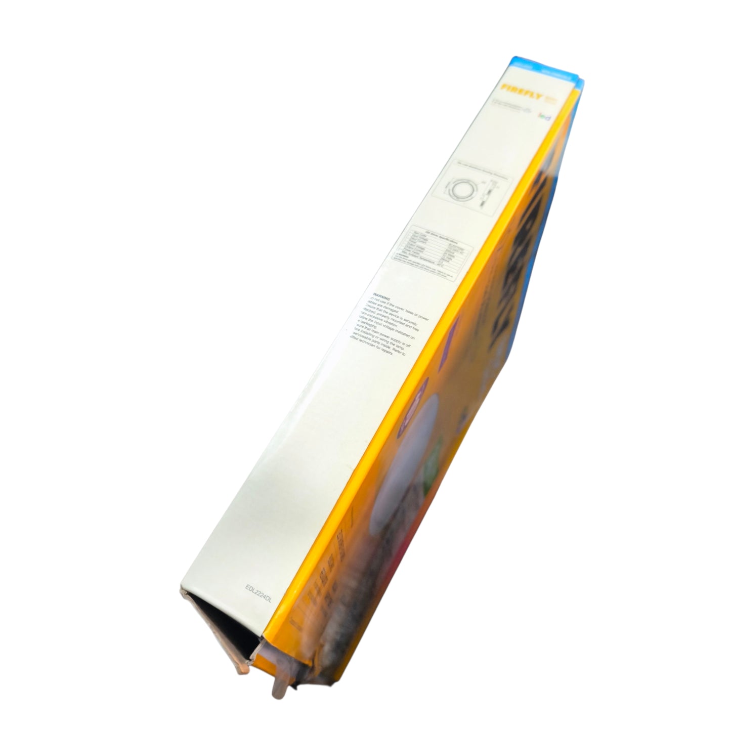 Long rectangular box with a yellow side and blue top on a white background