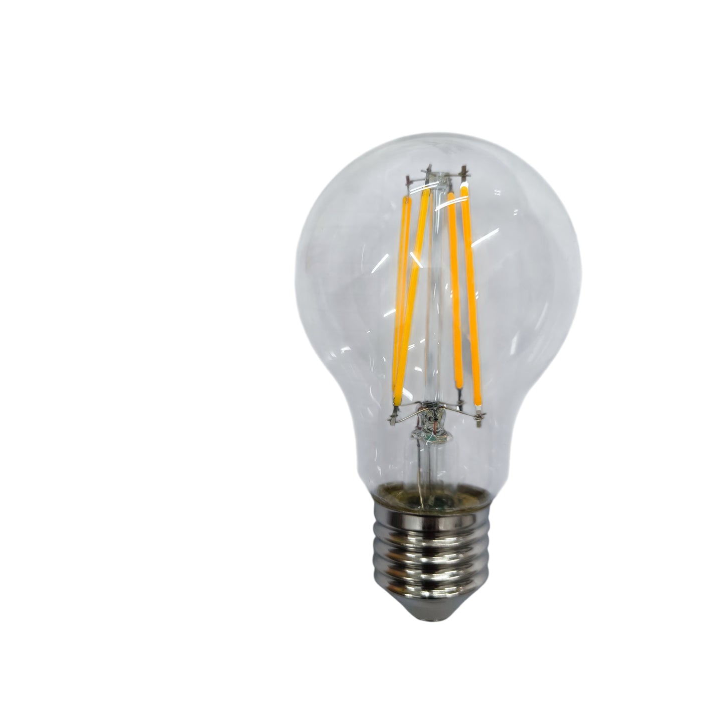 Clear LED light bulb with visible filaments on a white background