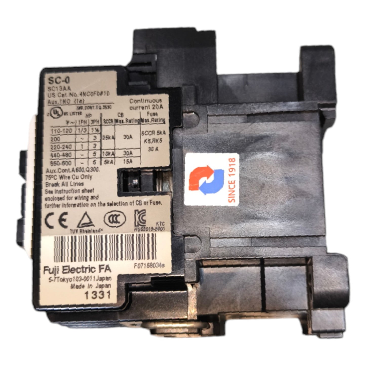 Electrical contactor with visible branding on a white background