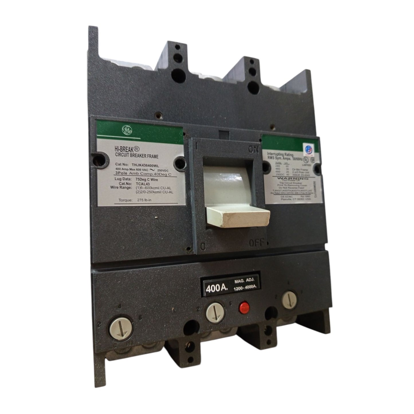 GE 400A 3 Pole Industrial Circuit Breaker THJK436400WLX Hi-Break