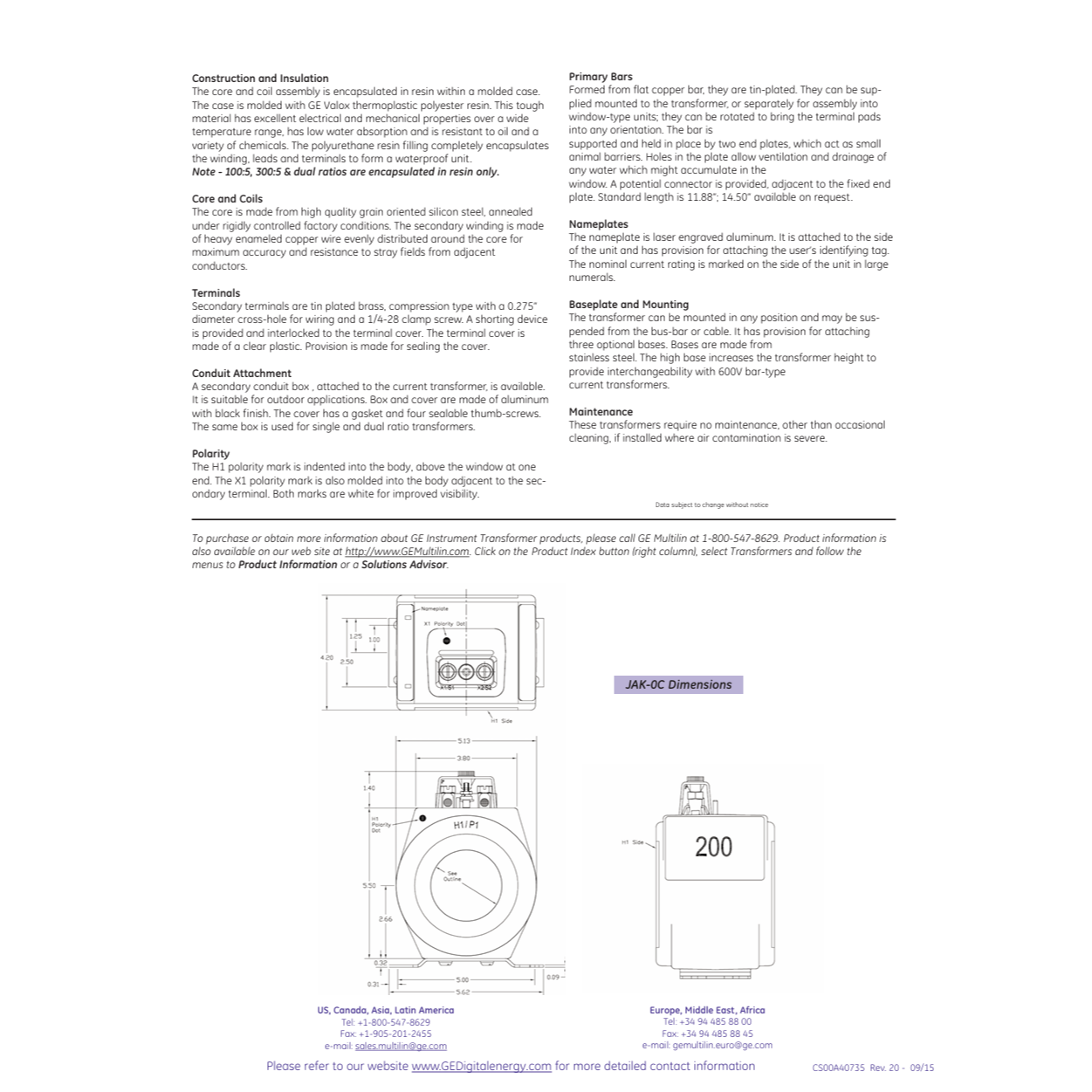 GE 100:5A Current Transformer JAK-0C With ERC Certification