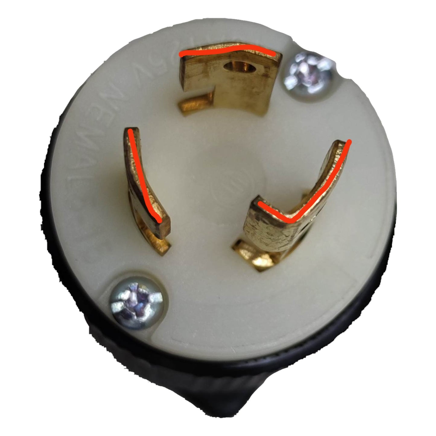 Close-up of a round electrical plug with metallic contacts on a white Grippes 15A 125V Twist Lock Plug Twistlock Plug with Ground 2P+E( 3Pins) BL515P Nema L-5 Twist to Lock Electx Electrical Supplybackground