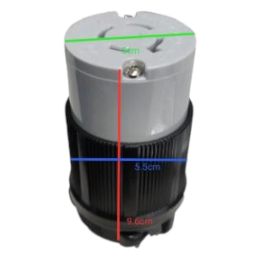 Mechanical component with measurements on a white background Grippes 20A Twist Lock Outlet with Plug Cord Connector Type 3P+E (4P) 250V (NEMA L15) BL1520C & BL1520P, Twistlock Electx Electrical Supply