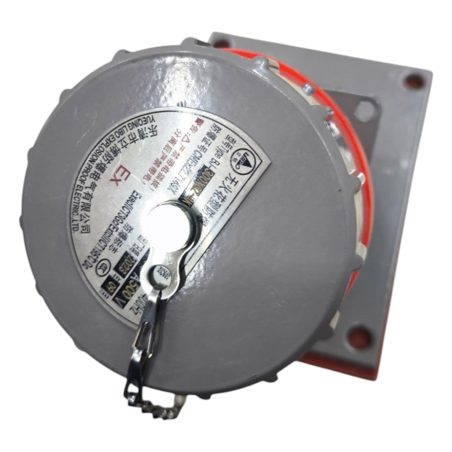 Mechanical component with label on a white background