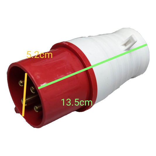 Red and white electrical plug with measurements on a white background