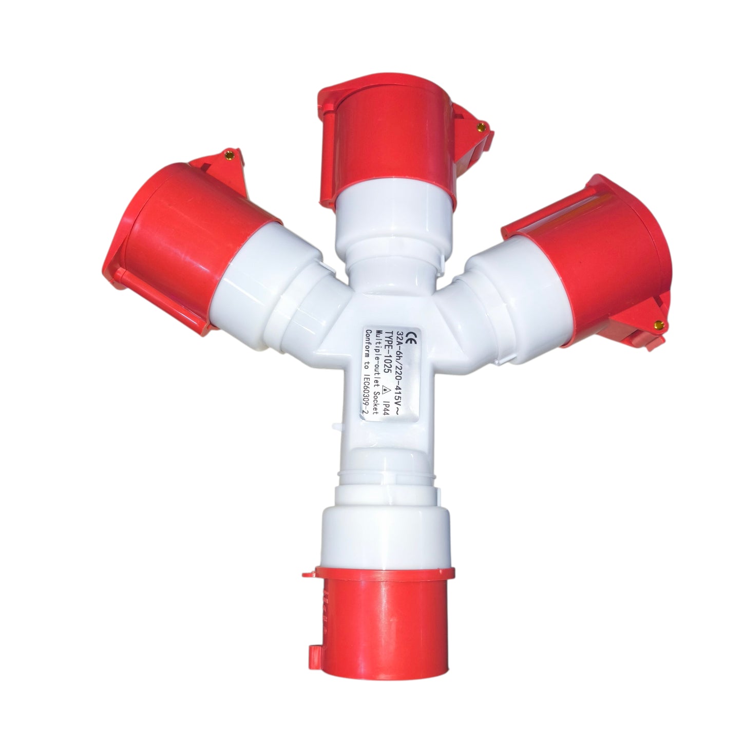 Red and white plastic plumbing fitting on a white background