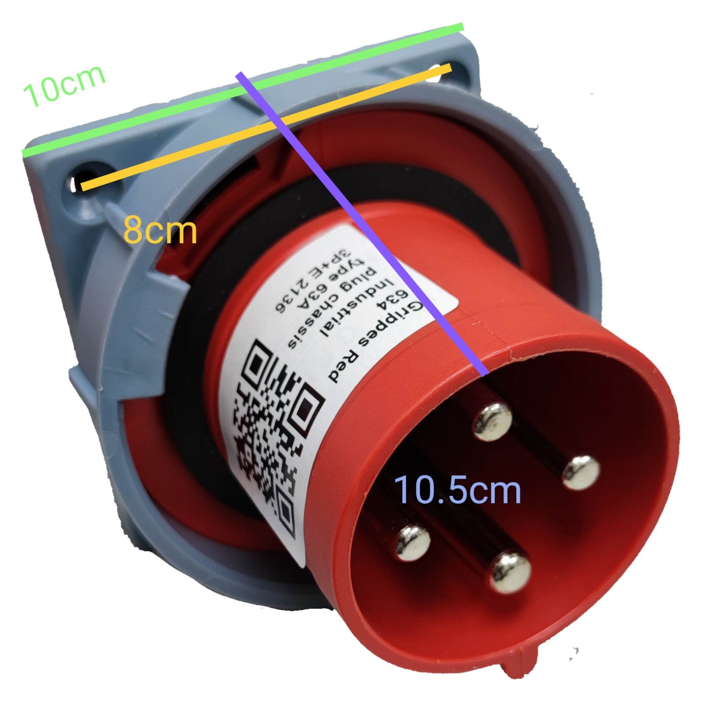 Electrical plug with measurements marked on a white background