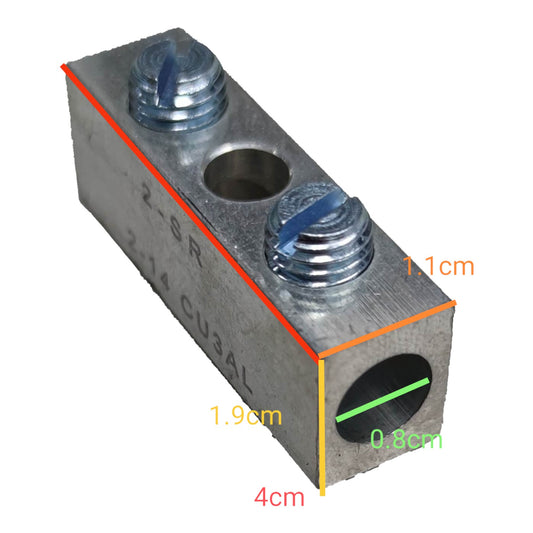 Metal block with threaded holes and measurements on a white background