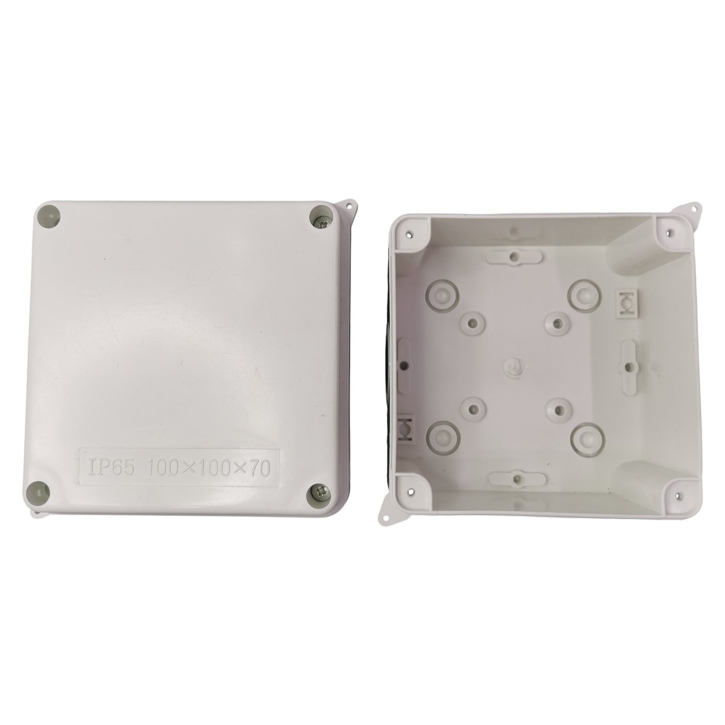 Two white plastic enclosures on a white background
